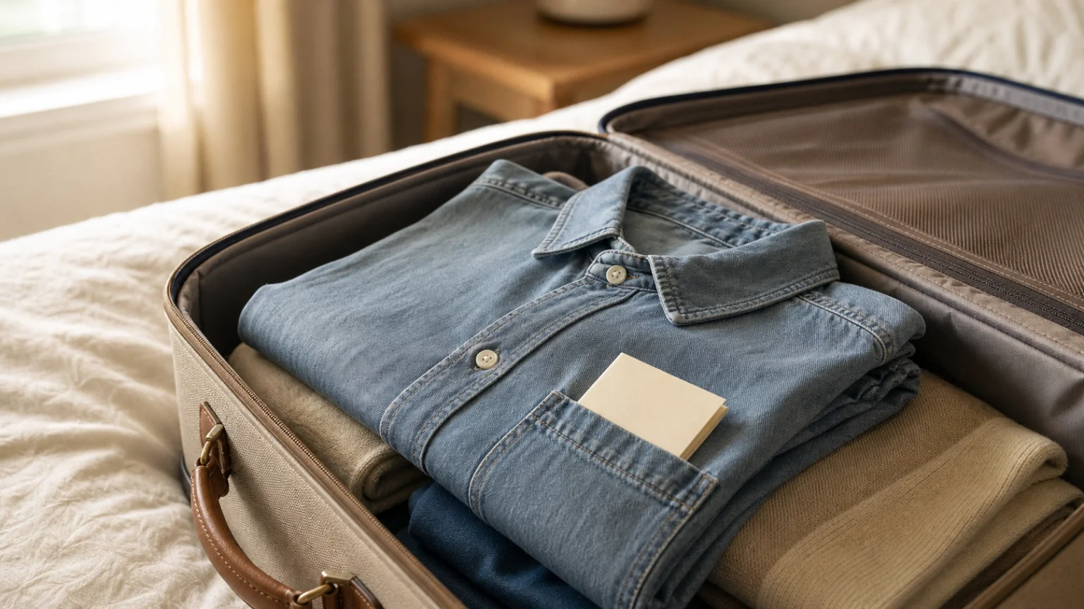 Petit mot plié glissé dans la poche d'une chemise, au fond d'une valise prête pour le départ